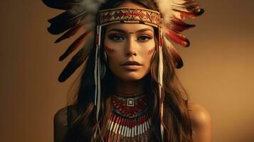 Native American woman in festive regalia isolated on a gradient background photo