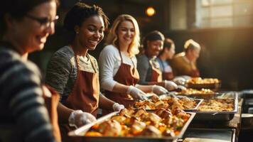 Group of volunteers serving food to homeless youth background with empty space for text photo