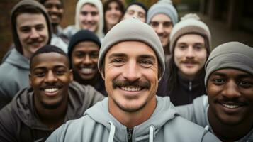 Movember themed group bike ride diverse participants background with empty space for text photo