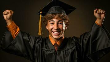 A triumphant youth holding a graduation cap isolated on a gradient background photo