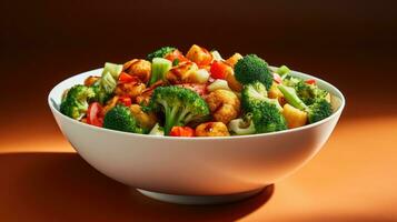 A nutritious diabetic friendly meal with vegetables isolated on a gradient background photo