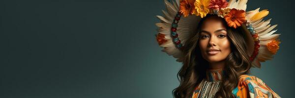 Native American woman in festive regalia isolated on a gradient background photo