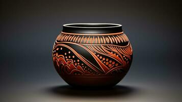 An intricate Native American pottery piece isolated on a gradient background photo