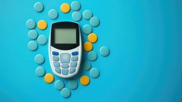 Diabetes medication and glucose meter background with empty space for text photo