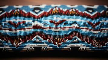 Close up of intricate Native American beadwork background with empty space for text photo