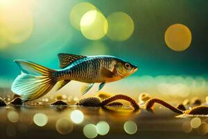 a fish is walking on the water with a bokeh background. AI-Generated photo