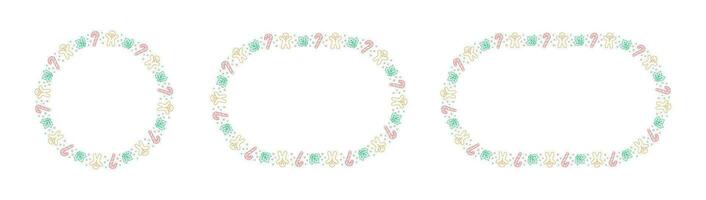 Round Christmas Frame Border set. Gingerbread Cookies, Candy Cane and Mistletoe Pattern Winter Holiday Graphics. Social media post template on white background. Vector illustration.