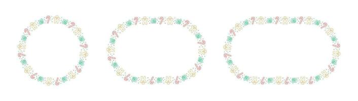 Round Christmas Frame Border set. Gingerbread Cookies, Candy Cane and Mistletoe Pattern Winter Holiday Graphics. Social media post template on white background. Vector illustration.