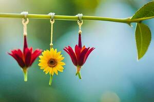 three red and yellow flowers hanging from a branch. AI-Generated photo