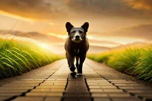 a dog walking on a brick path in the grass. AI-Generated photo