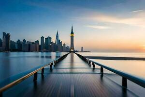 a long exposure photograph of a bridge over water with a city skyline in the background. AI-Generated photo