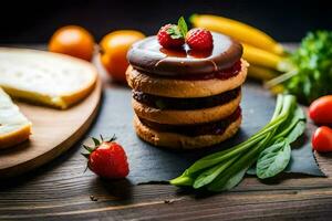 a stack of chocolate covered strawberries and bananas. AI-Generated photo