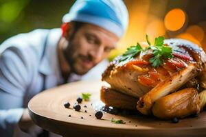 chef preparing a roasted chicken on a wooden plate. AI-Generated photo