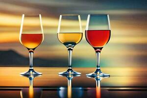 three glasses of wine on a table. AI-Generated photo
