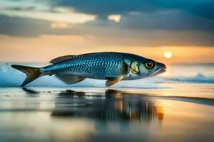 un pescado es caminando en el playa a puesta de sol. generado por ai foto