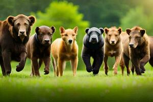 a group of brown and black bears running together. AI-Generated photo