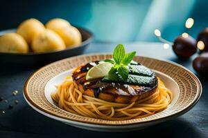 a plate with spaghetti and a grilled eggplant. AI-Generated photo