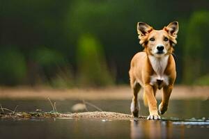 a dog walking along the shore of a river. AI-Generated photo