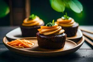 three cupcakes with carrot and orange frosting on a wooden plate. AI-Generated photo
