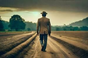 a man in a suit and hat walks down a dirt road. AI-Generated photo