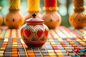 a colorful pot sitting on a table with many other colorful pots. AI-Generated photo