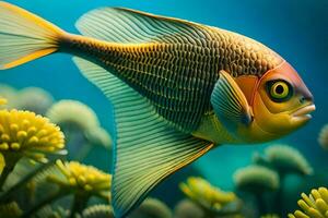 a fish swimming in the ocean with yellow flowers. AI-Generated photo