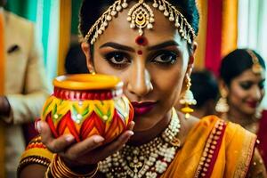 a beautiful indian bride holding a pot of food. AI-Generated photo