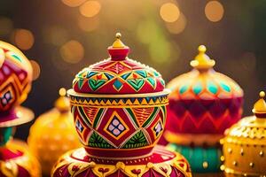 colorful diyas are displayed on a table. AI-Generated photo