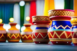 colorful vases are lined up on a table. AI-Generated photo