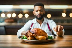 a man with a beard and apron sitting at a table with a turkey. AI-Generated photo