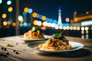 spaghetti with meat and sauce on a plate. AI-Generated photo