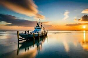 un barco en el agua a puesta de sol. generado por ai foto