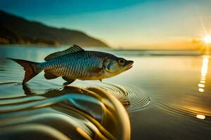 un pescado es en pie en el playa a puesta de sol. generado por ai foto