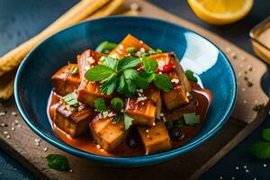 chicken and tofu in a bowl with sauce and herbs. AI-Generated photo