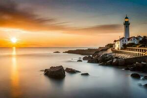 a lighthouse at sunset with rocks and water. AI-Generated photo