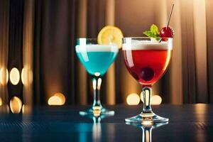 two cocktails on a table with a light background. AI-Generated photo