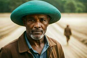 un hombre vistiendo un sombrero en un campo. generado por ai foto