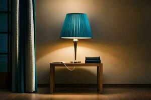 a lamp on a table in front of a window. AI-Generated photo