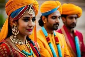 a bride and groom in traditional indian attire. AI-Generated photo