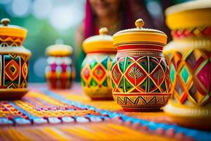 colorful pots and jugs on a table. AI-Generated photo