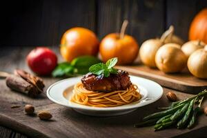 espaguetis con albóndigas y vegetales en un de madera mesa. generado por ai foto