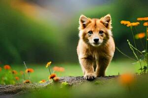 photo wallpaper the grass, flowers, trees, puppy, puppy, puppy, puppy, puppy,. AI-Generated