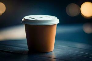 a coffee cup sitting on a table with blurred lights. AI-Generated photo