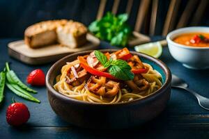 spaghetti with meat and vegetables in a bowl. AI-Generated photo