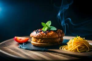 un hamburguesa con espaguetis y menta en un de madera tablero. generado por ai foto