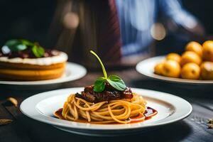 a plate of spaghetti and meatballs on a table. AI-Generated photo