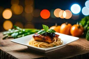 a plate of spaghetti with meat and tomatoes on a wooden table. AI-Generated photo