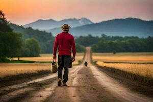 hombre caminando en un suciedad la carretera a puesta de sol. generado por ai foto