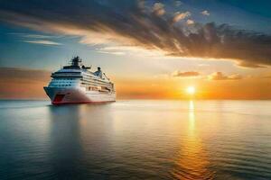 a cruise ship in the ocean at sunset. AI-Generated photo