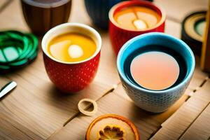 colorful cups of tea sit on a table. AI-Generated photo